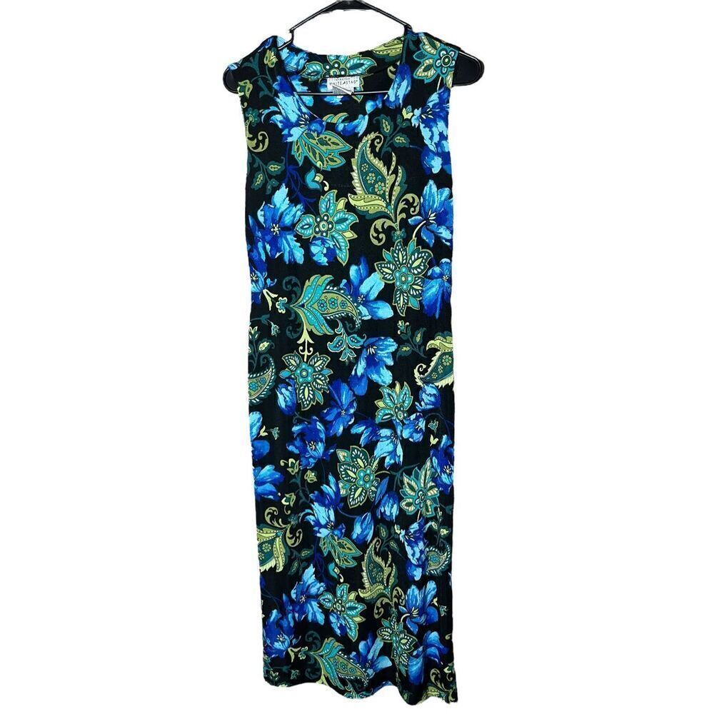 Vintage White Stag Black Blue Floral Paisley Print Maxi Dress Size S 4/6